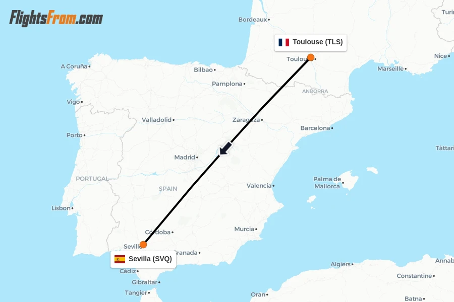 Flights from Toulouse to Sevilla route map