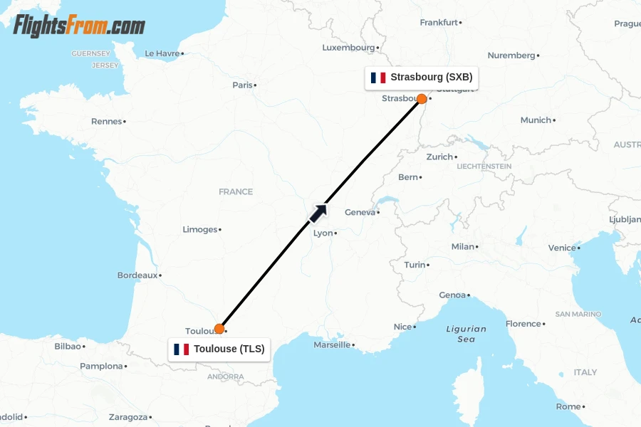 Flights from Toulouse to Strasbourg route map