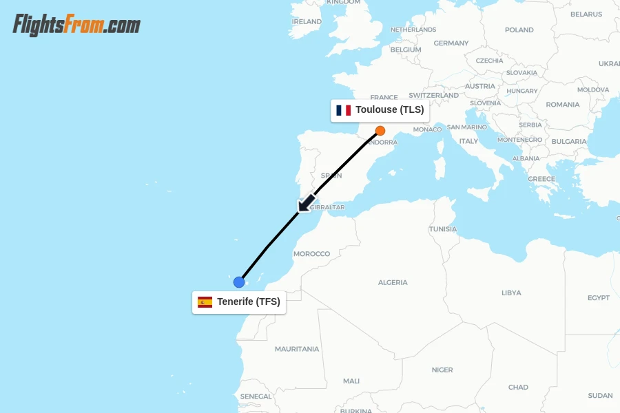 Flights from Toulouse to Tenerife route map