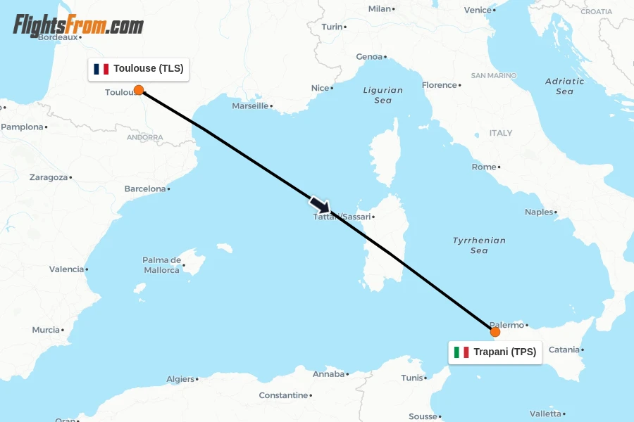 Flights from Toulouse to Trapani route map