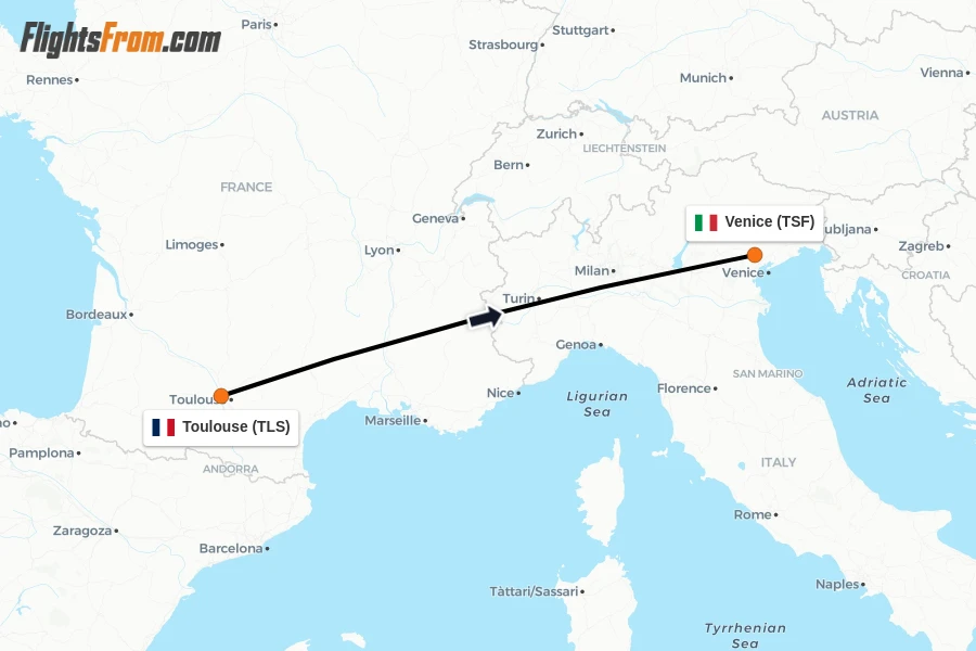 Flights from Toulouse to Venice route map