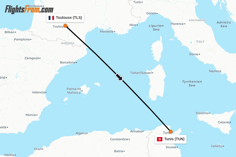 Flights from Toulouse to Tunis route map