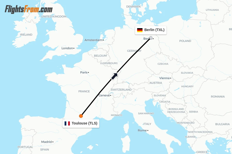 Flights from Toulouse to Berlin route map