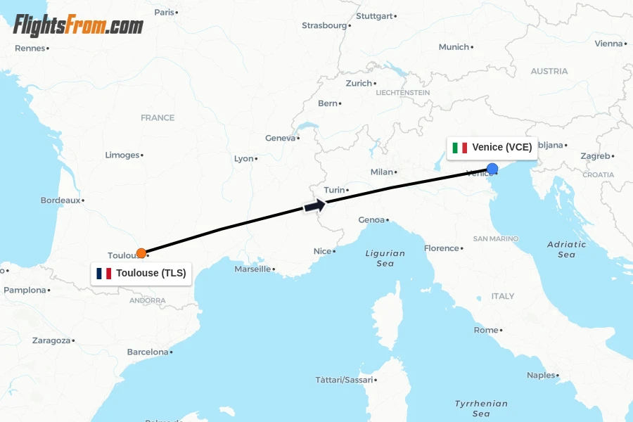 Flights from Toulouse to Venice route map