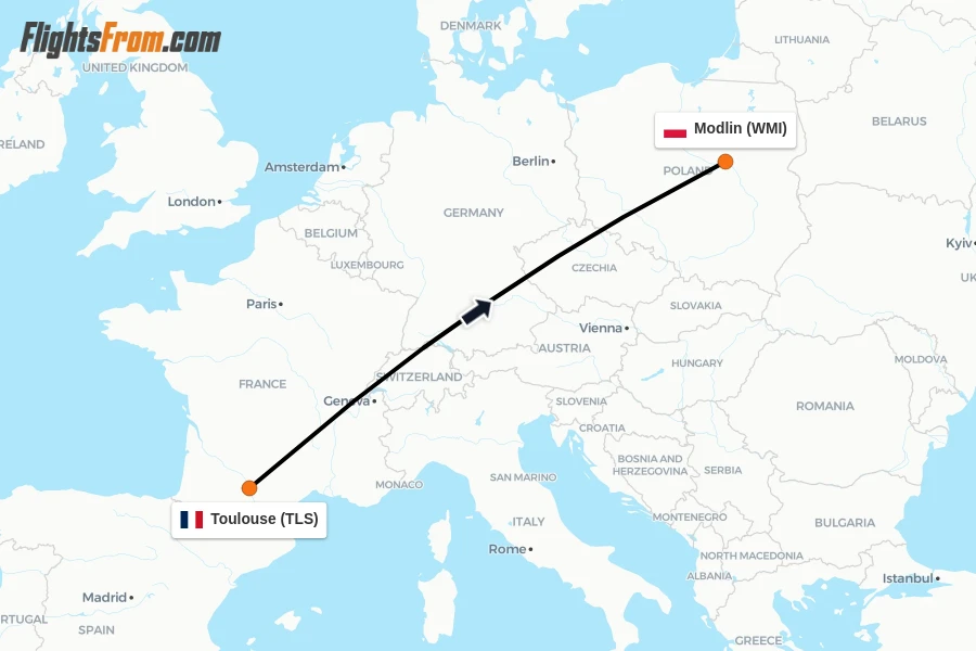 Flights from Toulouse to Modlin route map