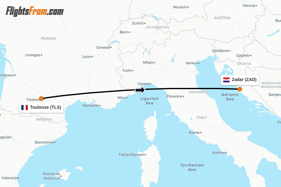 Flights from Toulouse to Zadar route map