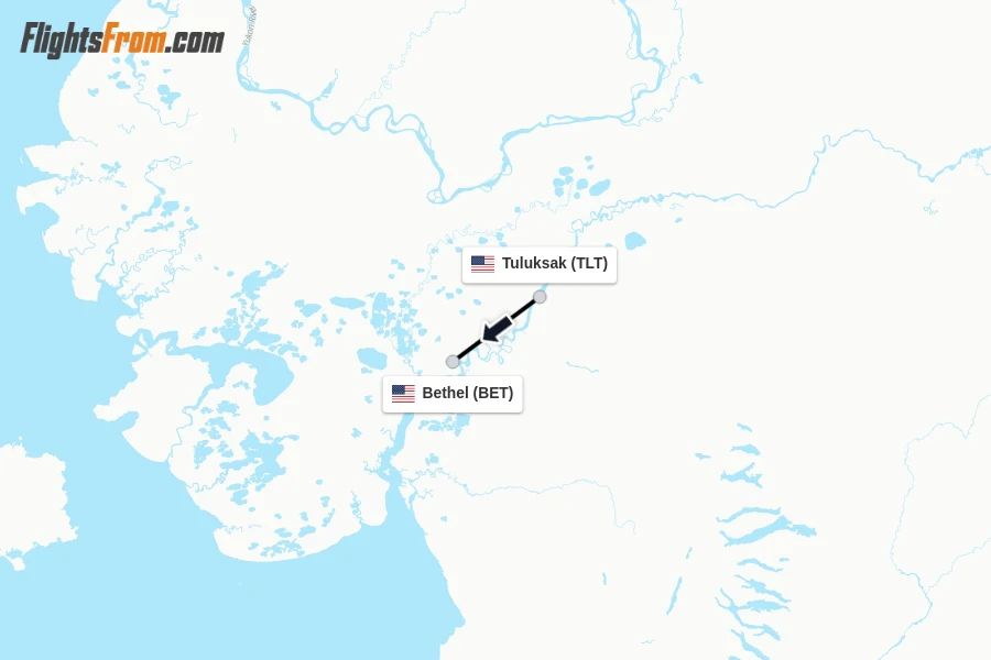 Flights from Tuluksak to Bethel route map