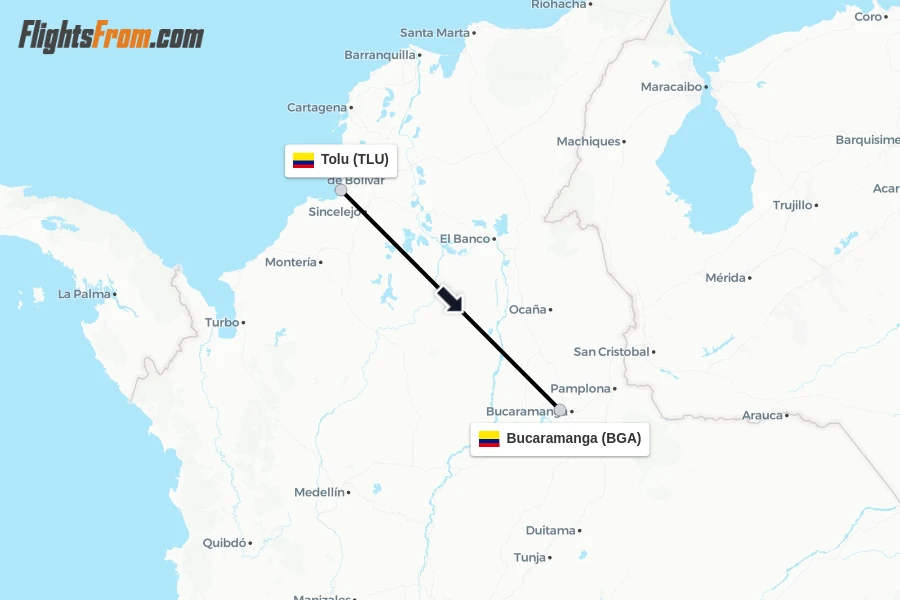 Flights from Tolu to Bucaramanga route map