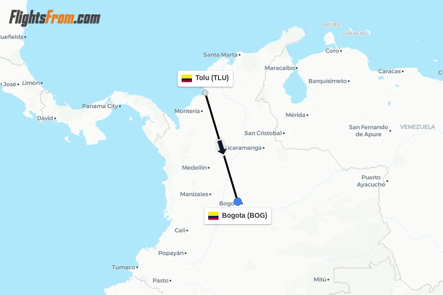 Flights from Tolu to Bogota route map