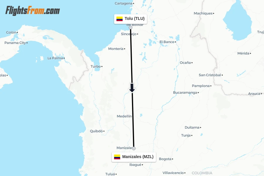 Flights from Tolu to Manizales route map