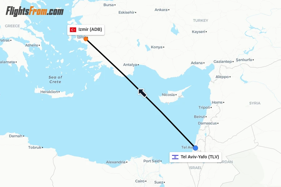 Flights from Tel Aviv-Yafo to Izmir route map