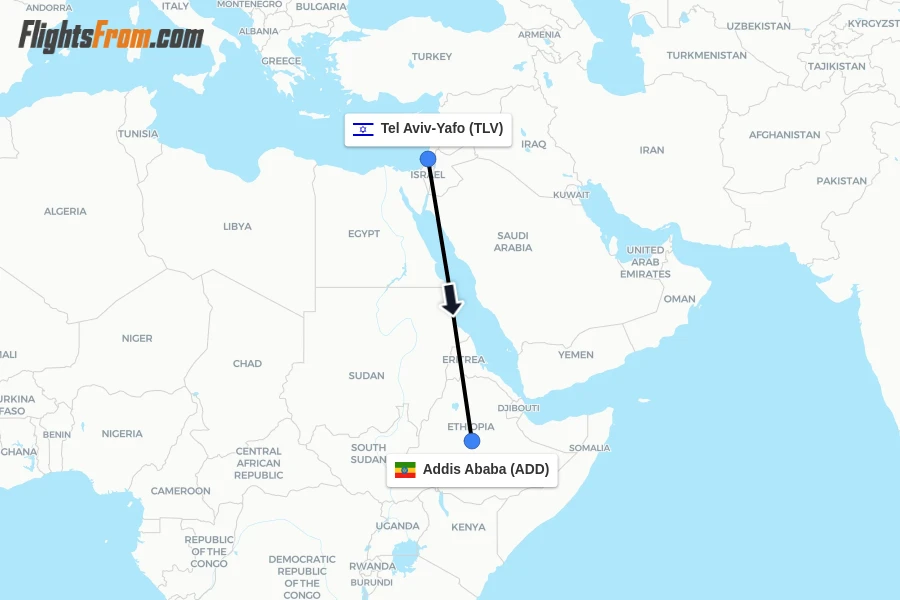 Flights from Tel Aviv-Yafo to Addis Ababa route map