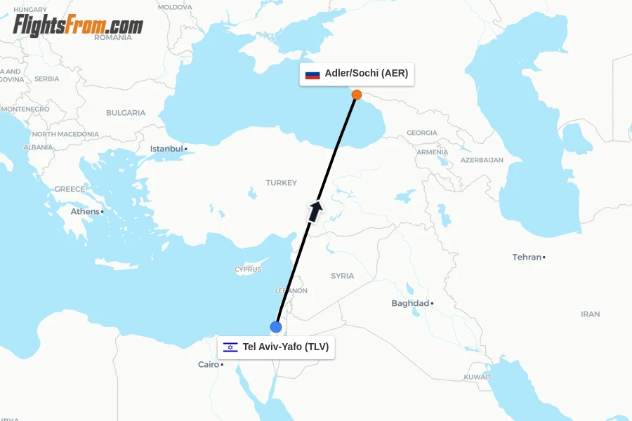 Flights from Tel Aviv-Yafo to Adler/Sochi route map