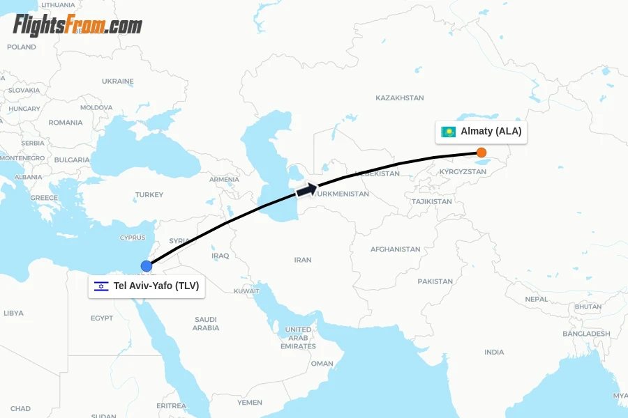 Flights from Tel Aviv-Yafo to Almaty route map