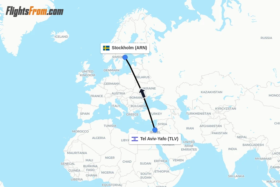 Flights from Tel Aviv-Yafo to Stockholm route map