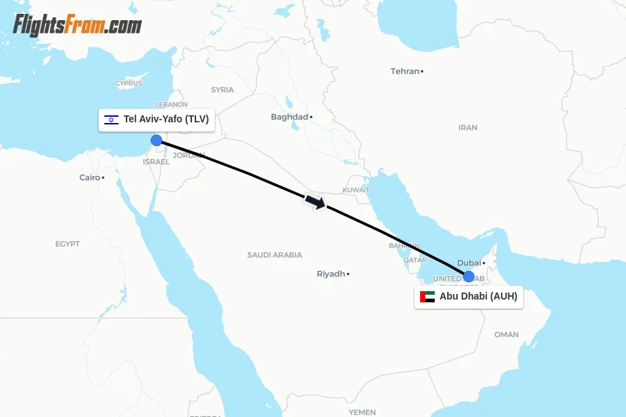Flights from Tel Aviv-Yafo to Abu Dhabi route map
