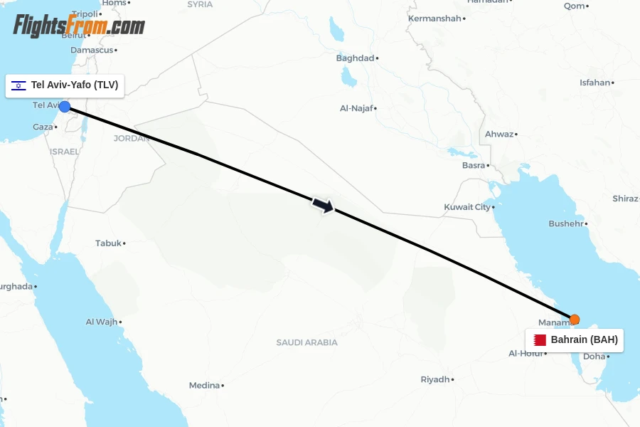 Flights from Tel Aviv-Yafo to Bahrain route map