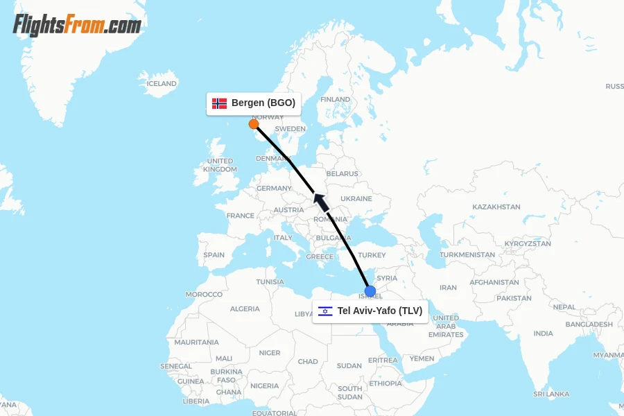 Flights from Tel Aviv-Yafo to Bergen route map