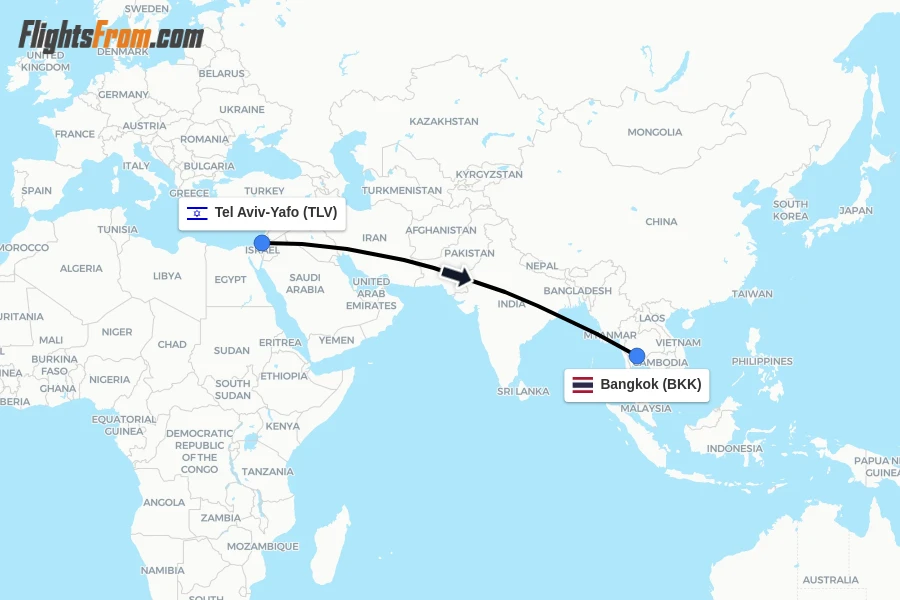 Flights from Tel Aviv-Yafo to Bangkok route map