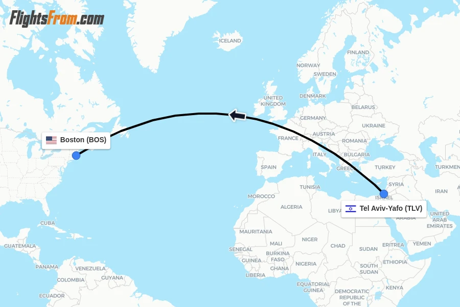 Flights from Tel Aviv-Yafo to Boston route map