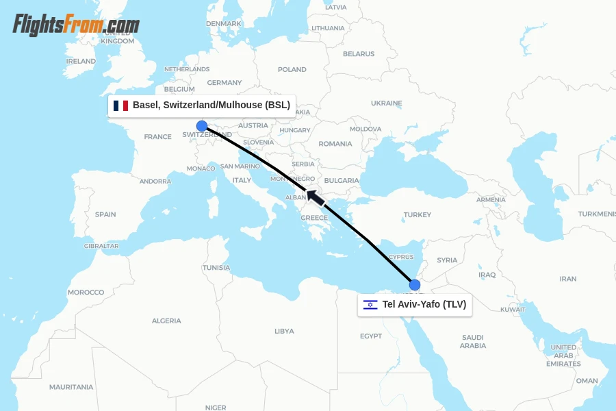 Flights from Tel Aviv-Yafo to Basel, Switzerland/Mulhouse route map