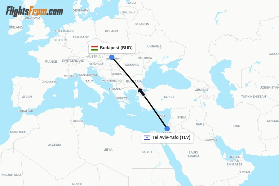 Flights from Tel Aviv-Yafo to Budapest route map