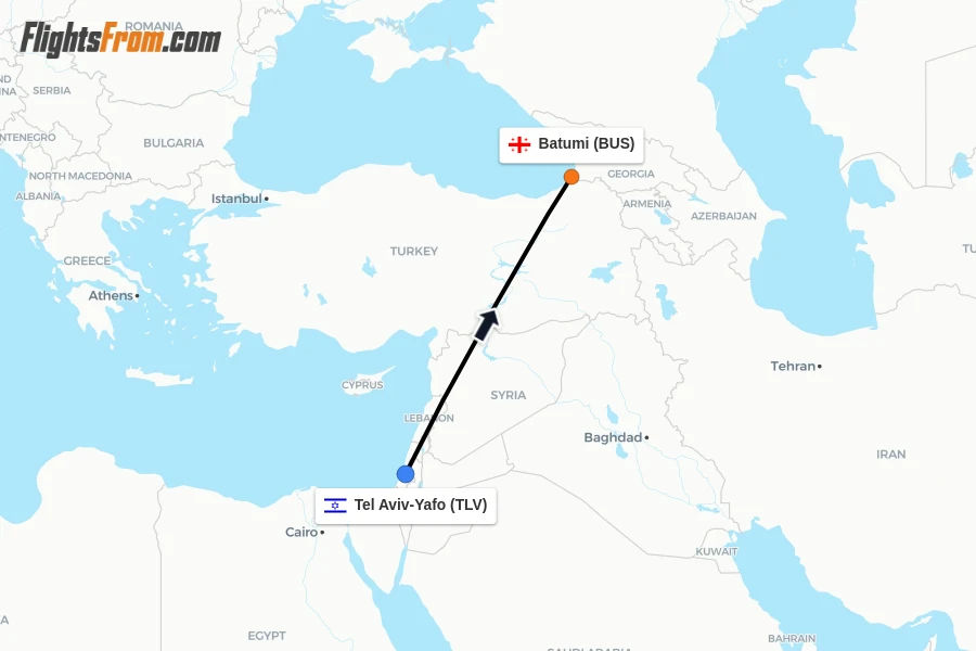Flights from Tel Aviv-Yafo to Batumi route map