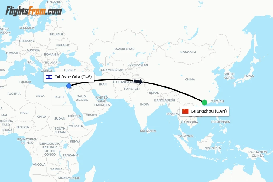 Flights from Tel Aviv-Yafo to Guangzhou route map