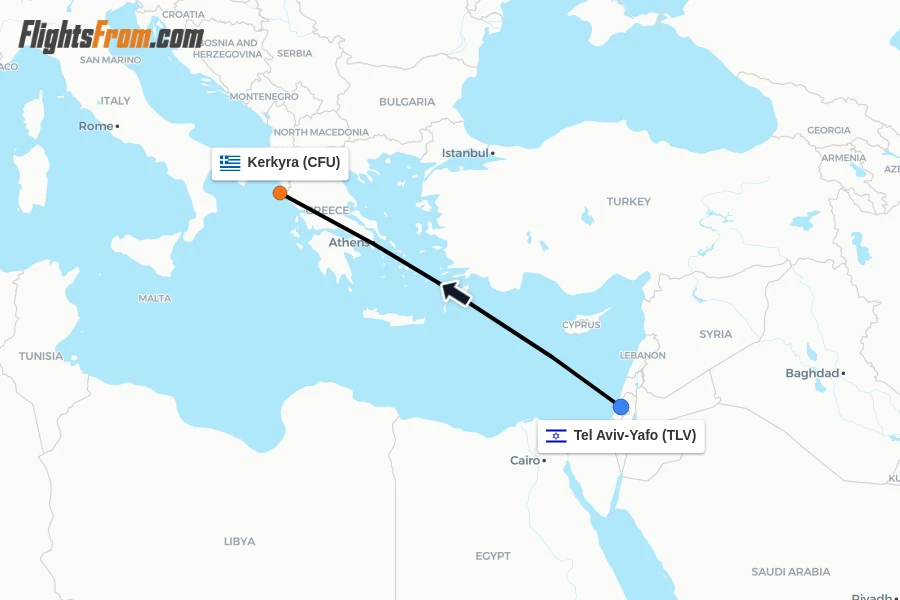 Flights from Tel Aviv-Yafo to Kerkyra route map