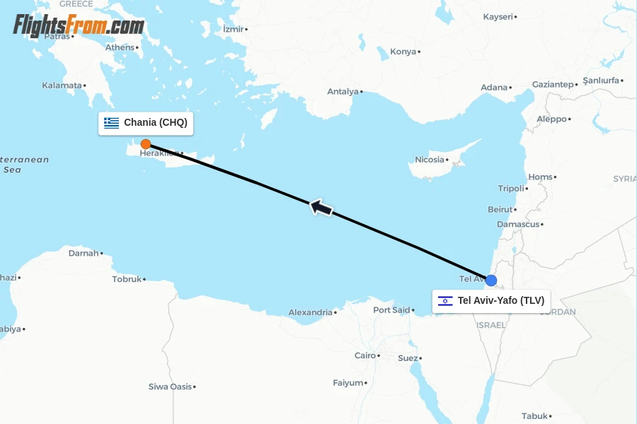 Flights from Tel Aviv-Yafo to Chania route map