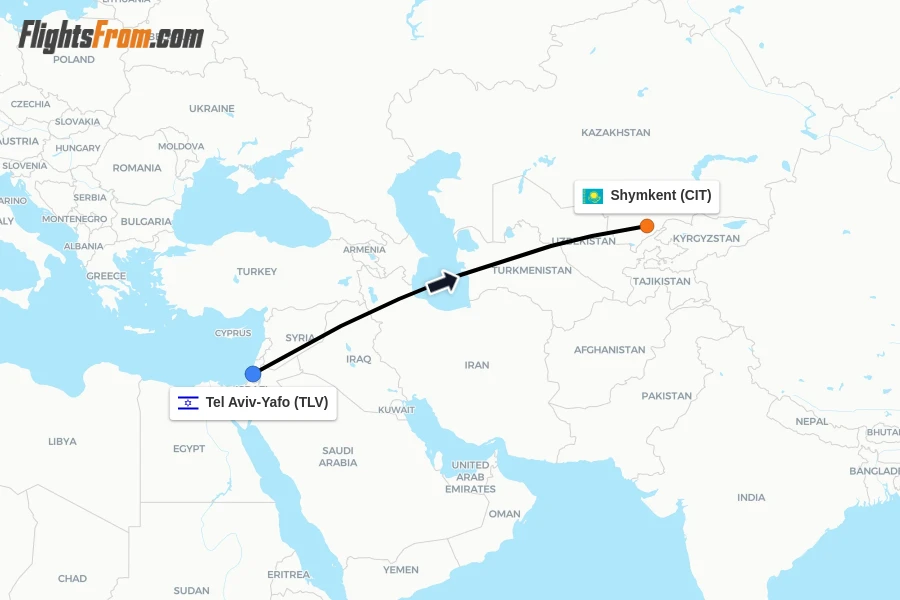 Flights from Tel Aviv-Yafo to Shymkent route map