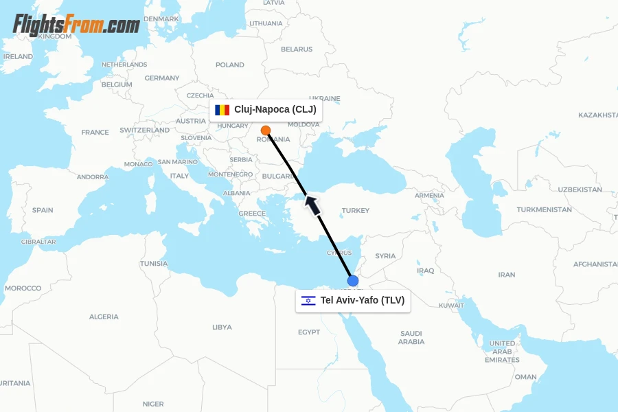 Flights from Tel Aviv-Yafo to Cluj-Napoca route map