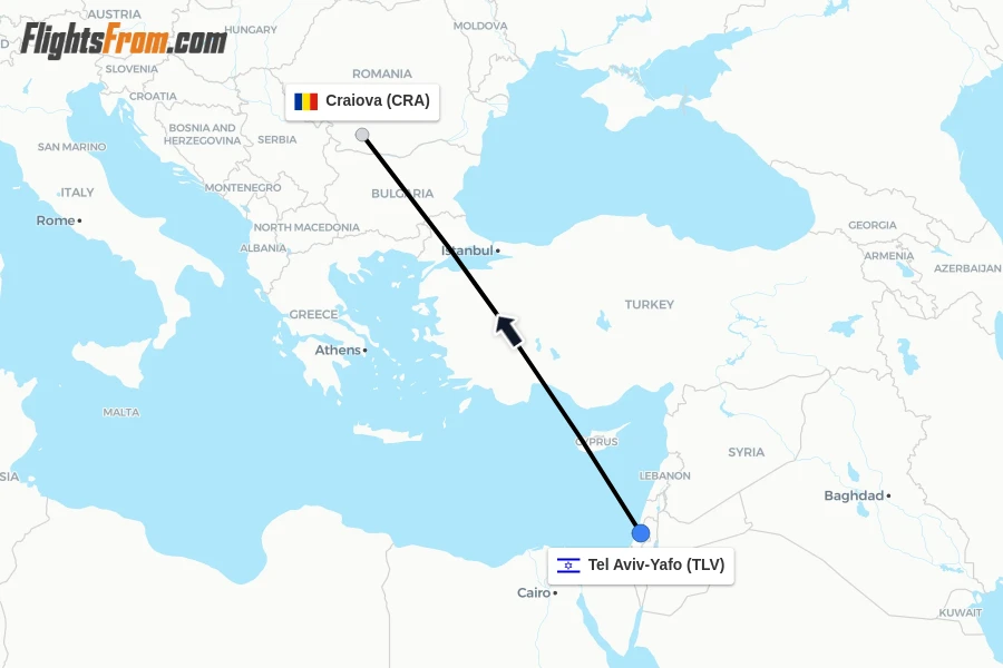 Flights from Tel Aviv-Yafo to Craiova route map