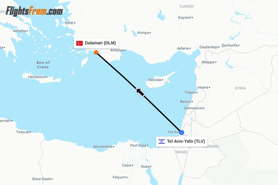 Flights from Tel Aviv-Yafo to Dalaman route map