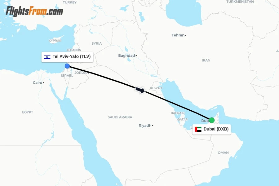 Flights from Tel Aviv-Yafo to Dubai route map