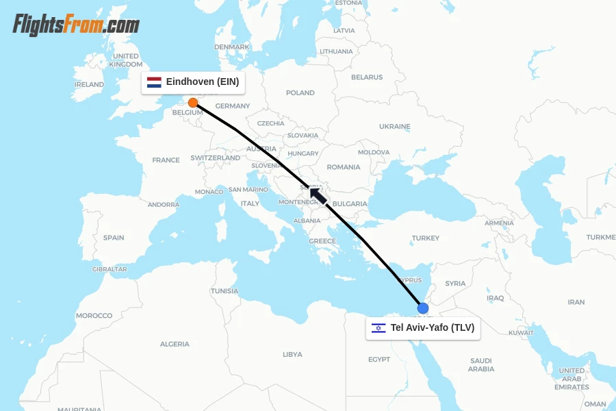 Flights from Tel Aviv-Yafo to Eindhoven route map