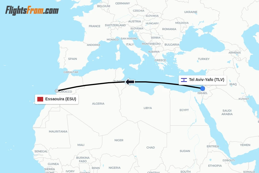 Flights from Tel Aviv-Yafo to Essaouira route map