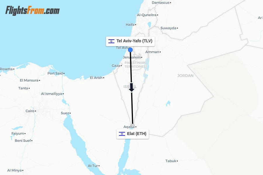 Flights from Tel Aviv-Yafo to Elat route map