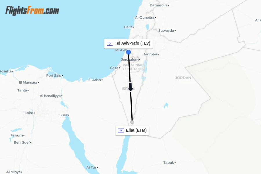 Flights from Tel Aviv-Yafo to Eilat route map