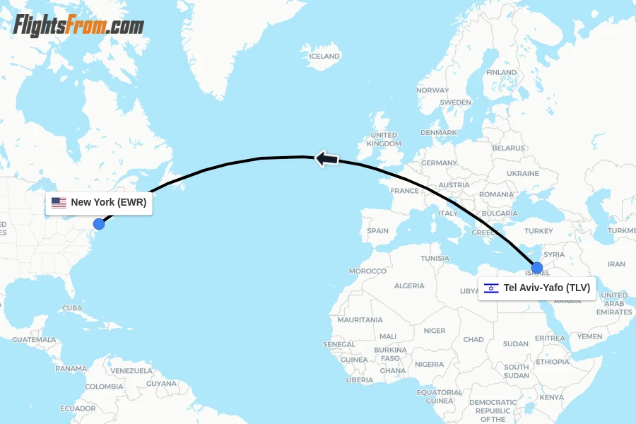 Flights from Tel Aviv-Yafo to New York route map