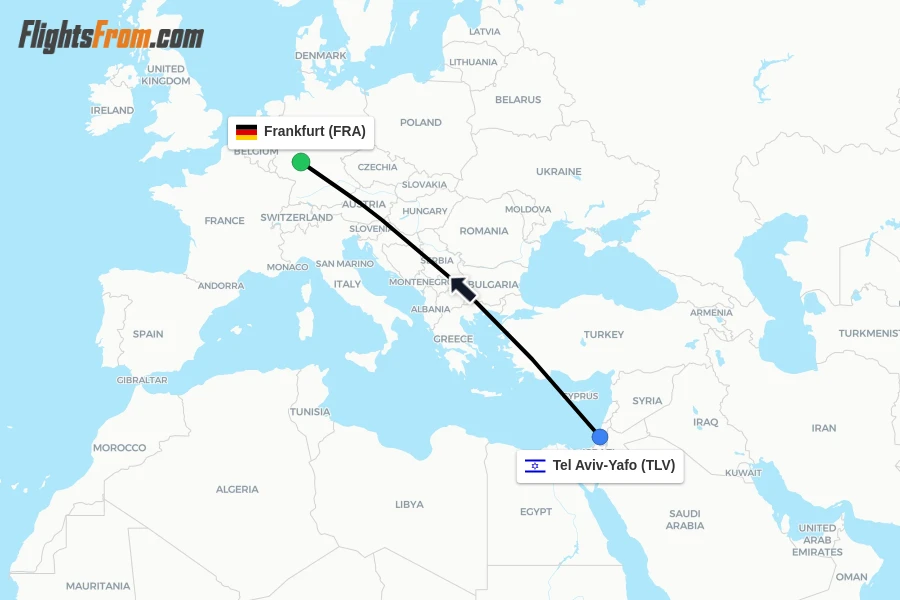 Flights from Tel Aviv-Yafo to Frankfurt route map