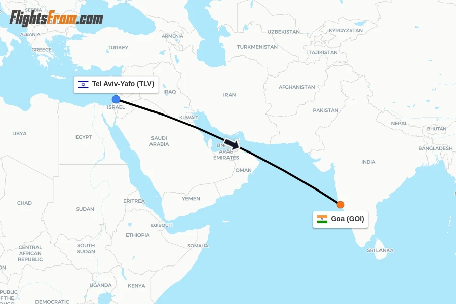 Flights from Tel Aviv-Yafo to Goa route map