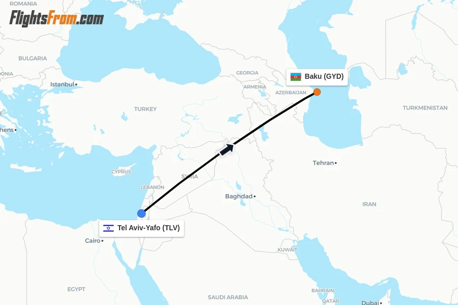 Flights from Tel Aviv-Yafo to Baku route map