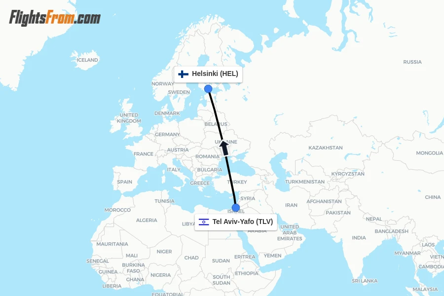 Flights from Tel Aviv-Yafo to Helsinki route map