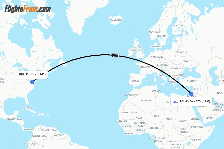 Flights from Tel Aviv-Yafo to Dulles route map