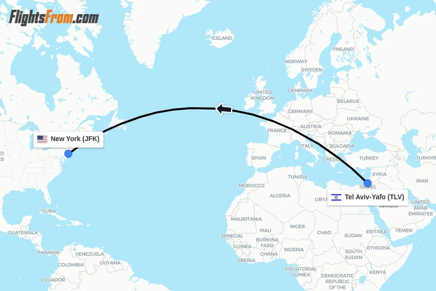 Flights from Tel Aviv-Yafo to New York route map