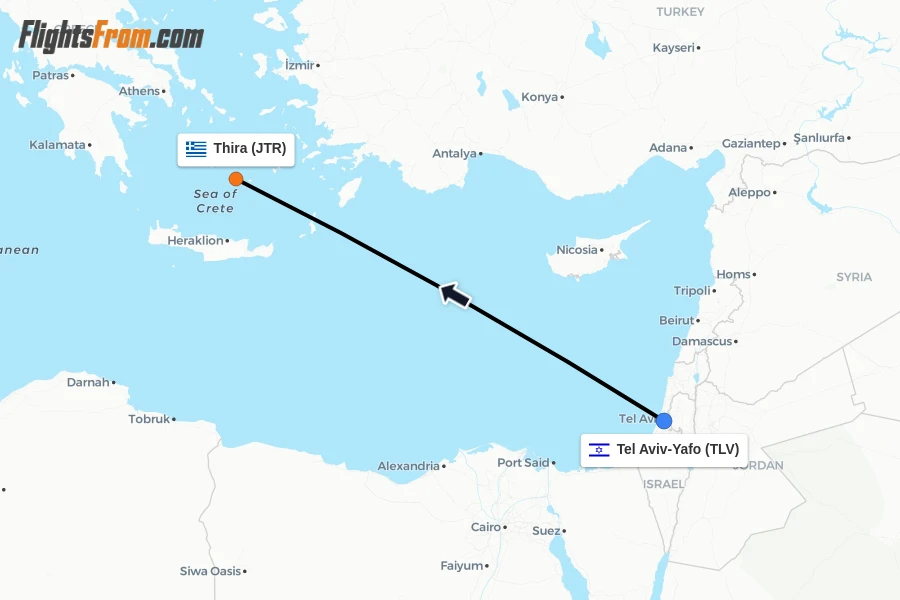 Flights from Tel Aviv-Yafo to Thira route map