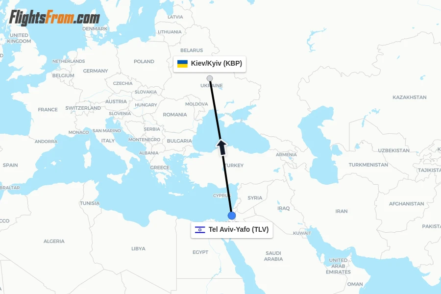 Flights from Tel Aviv-Yafo to Kiev/Kyiv route map