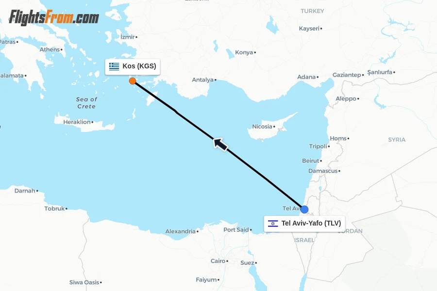 Flights from Tel Aviv-Yafo to Kos route map