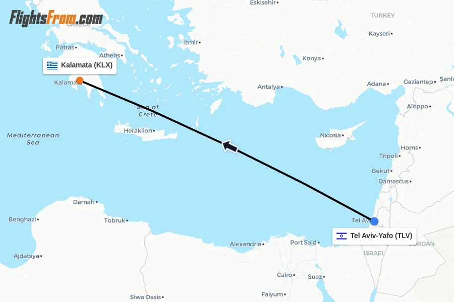 Flights from Tel Aviv-Yafo to Kalamata route map